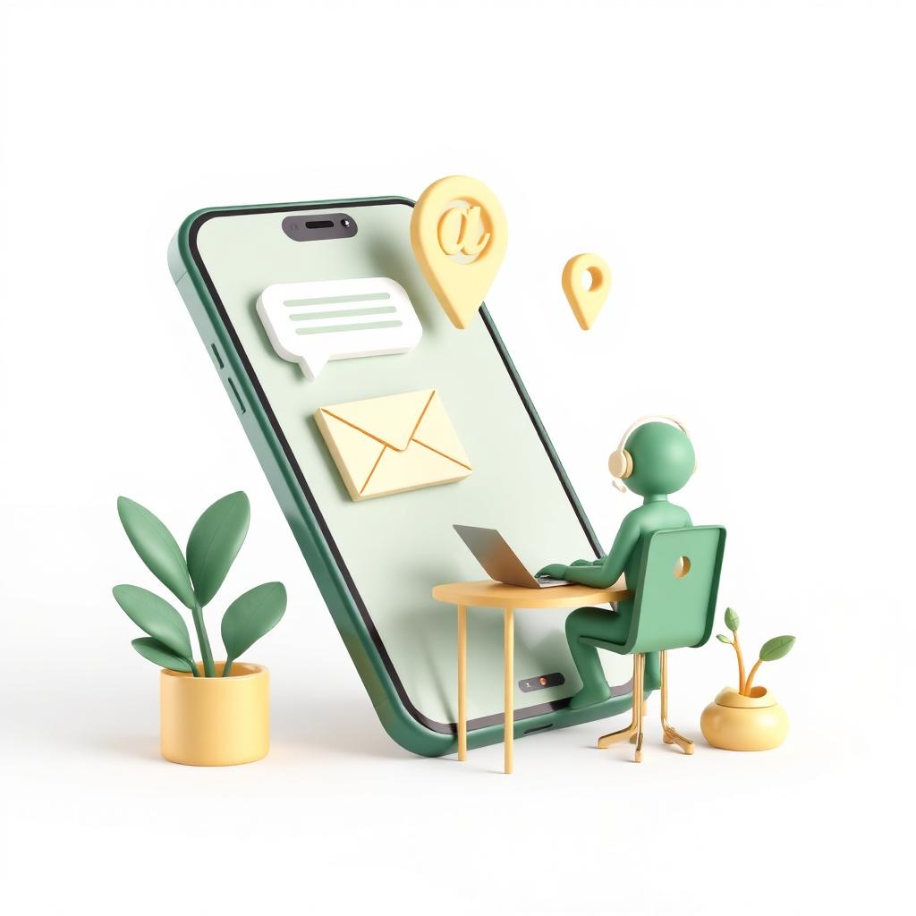 3D illustration of a support agent with chat, email and location icons
