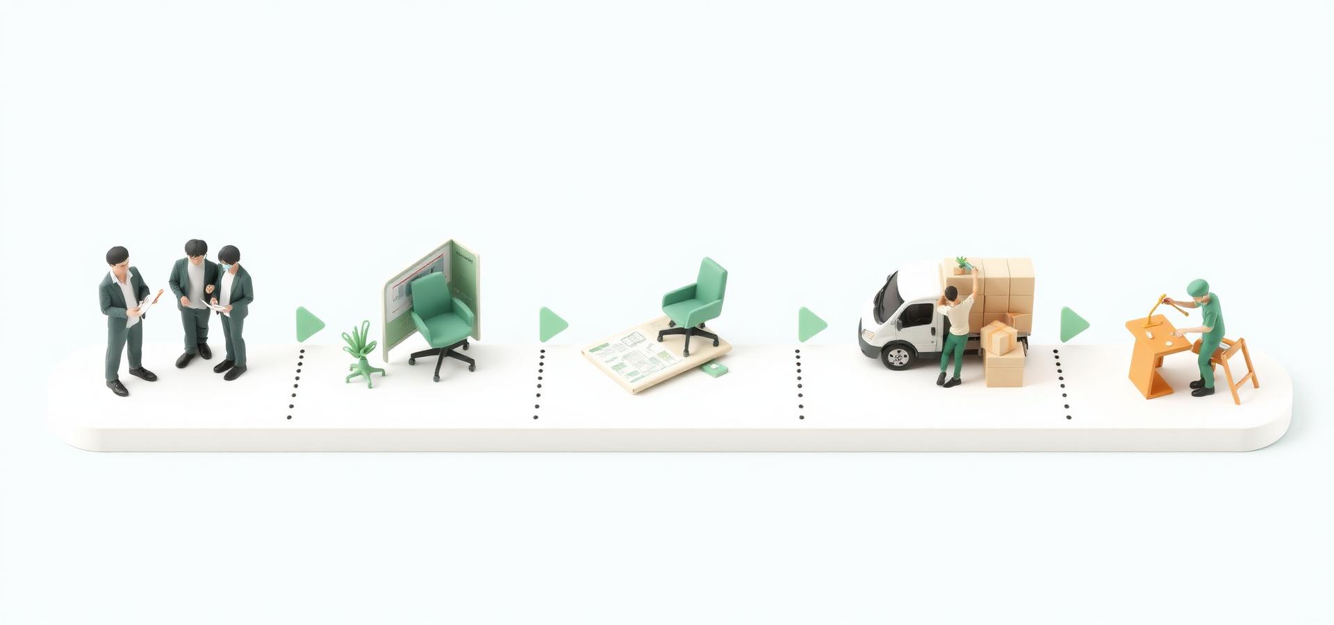 3D illustration of the five-step process: consult, design, manufacture, deliver and install